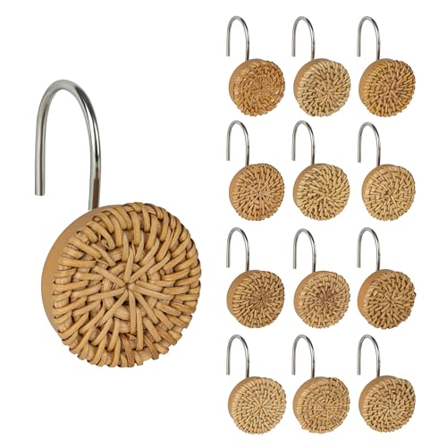 Sunlit Boho Decorative Shower Curtain Hooks Woven Wicker Ratten Shower Curtain Rings for Bathroom Farmhouse Shower Curtain Hangers Bathroom Accessories Set of 12