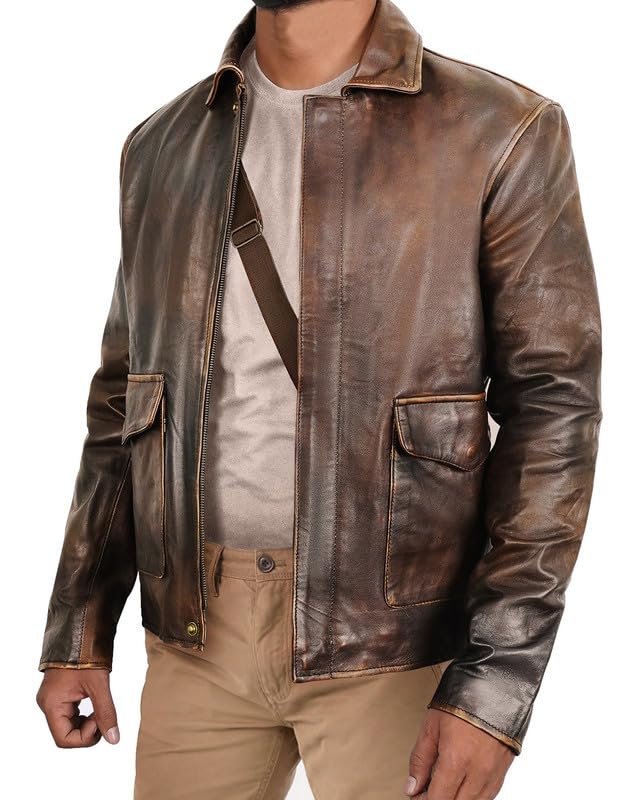 LP-FACON Mens Vintage Distressed Brown Leather Jacket - Classic Shirt Collar Style Jacket