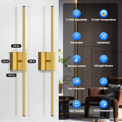 Image of Hardwired Wall Sconces, Modern Wired Wall Sconce, Gold Wall Sconces Set of 2, 350 Rotatable Dimmable Sconces Wall Decor for Bathroom, Living Room, 28 Inch (2 Pack)