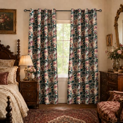 Image of ALIGOGO Vintage Floral Curtains for Living Room - Farmhouse Print Blend Linen Curtains 84 Inch Length 2 Panels, Bohemian Grommet Semi Sheer Doorway Anthro Inspried Decor, 50W x 84 L Inch, Taupe