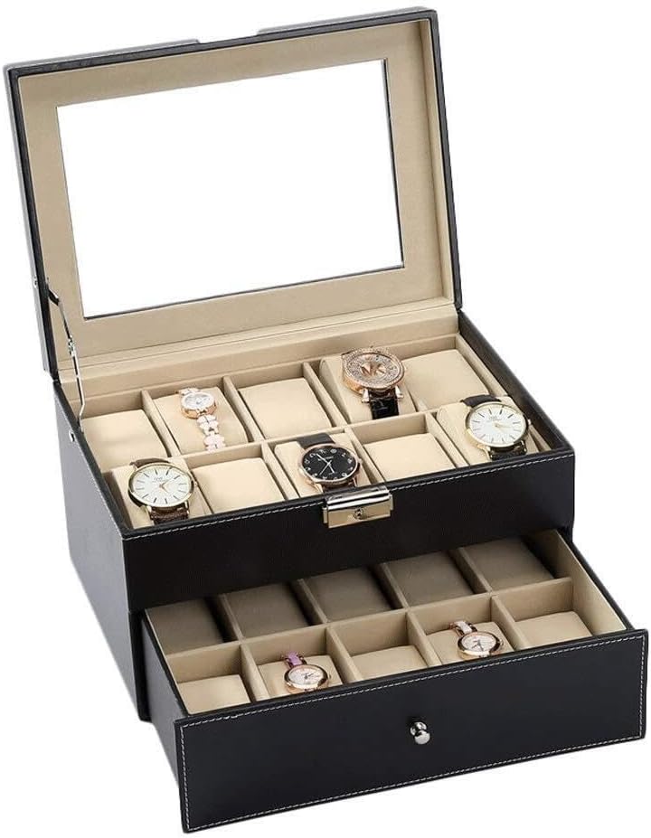 20 Slots Watch Case watch Organizer with Jewelry Personalized Watch Box Display Case Storage Jewelry Organizer with Glass Top