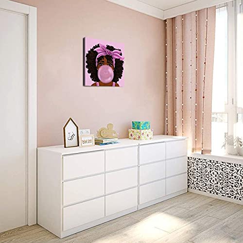 African American Afro Black Girl Bubble Gum Canvas Wall Art Cute African Kid Girl Pink Background Blowing Bubble Gum Canvas Print Kids Room Wall Art African Art Nursery Decor Home Decor Ready To Hang (Kl001-16×16Inch-Unframed) #TOP5