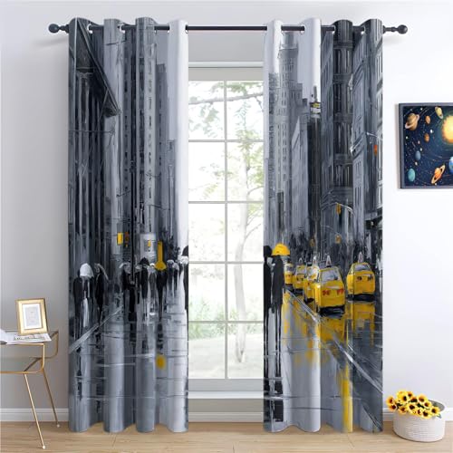 Rideaux Occultant Ville Scène (2 Panneaux) 75L x 166H cm, Isolation Thermique Opaque à Œillets Pluie Rue Piétons Taxi, Rideaux Décoratifs pour Salon...