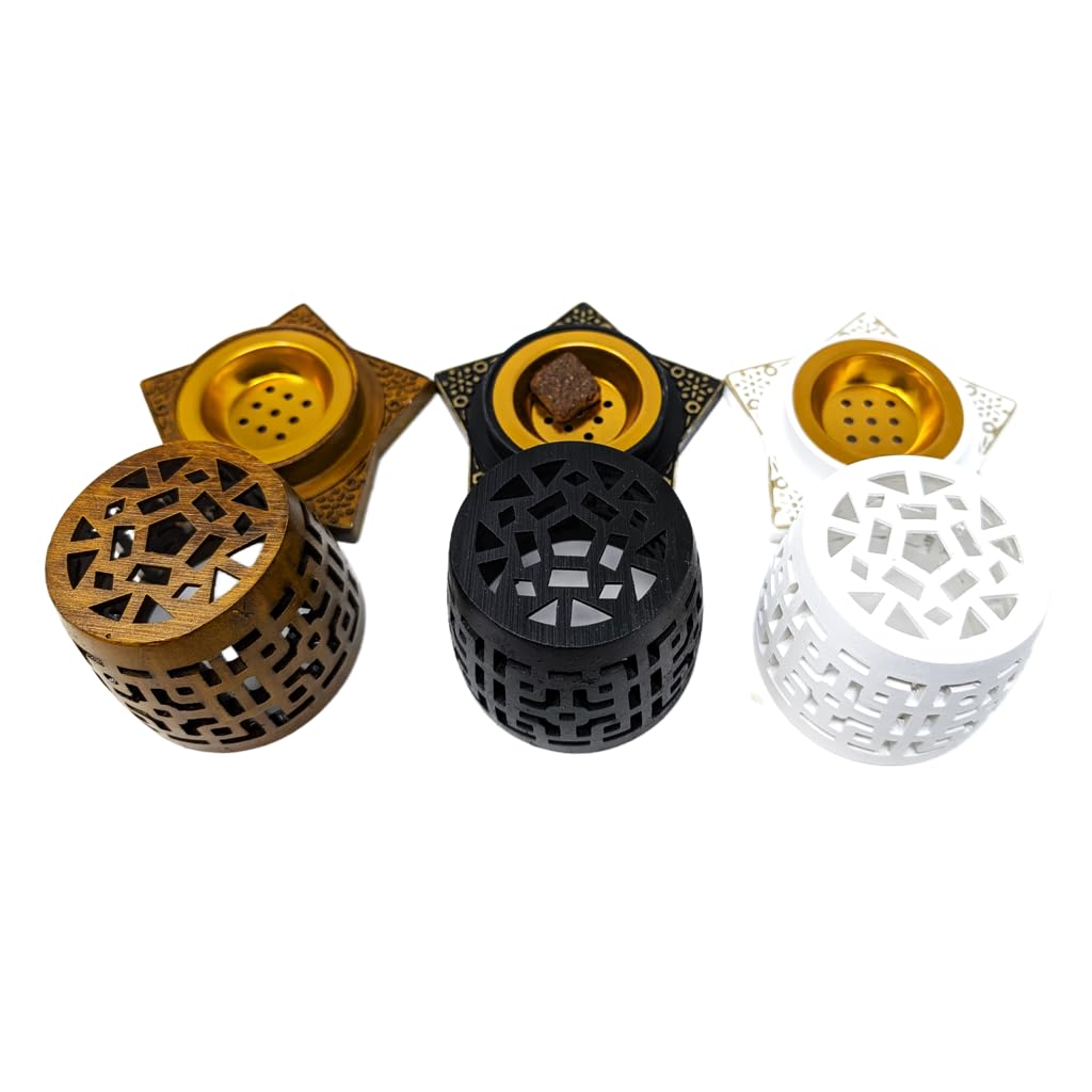 Jrose Collections Black+White+Brown Handcrafted Bakhoor/Incense Burner – Resin With Arabic Geometric Design, 7X10cm – Ideal For Resin Incense, Bakhoor & Aromatic Wood (Black+White+Brown)