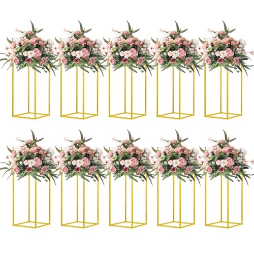 Image of 10 Pcs 15.75inch Gold Wedding Flower Vase Metal Column Flower Stand, Geometric Centerpieces Vase for Table, Home Party Wedding Decorations