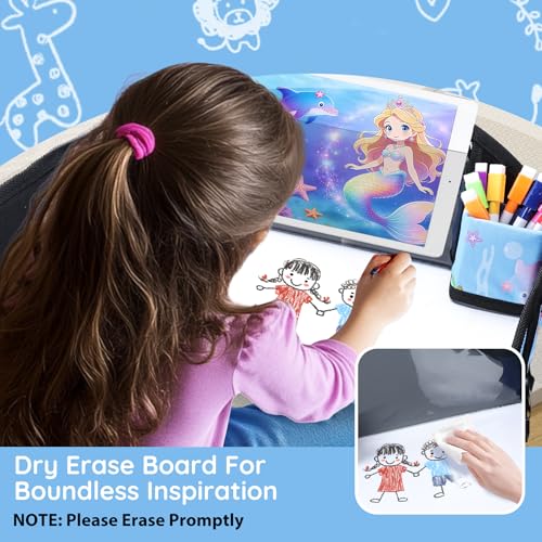 Image of Kids Travel Tray for Car Seat, Road Trip Essentials for Toddler, Carseat Lap Tray with Dry Erase Board & Storage Organizer for Activities, Bluish Violet