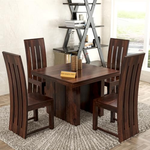 Image of Solid Sheesham Wood Dining Room Sets 4 Seater Dining Table with 4 Chairs for Dining Room, Living Room, Kitchen, Hotel, Restaurant, Cafeteria-(Estra,Walnut)
