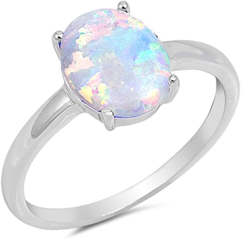 Oxford Diamond Co Solid Oval Lab Created White Opal .925 Sterling Silver Ring Sizes 4-12