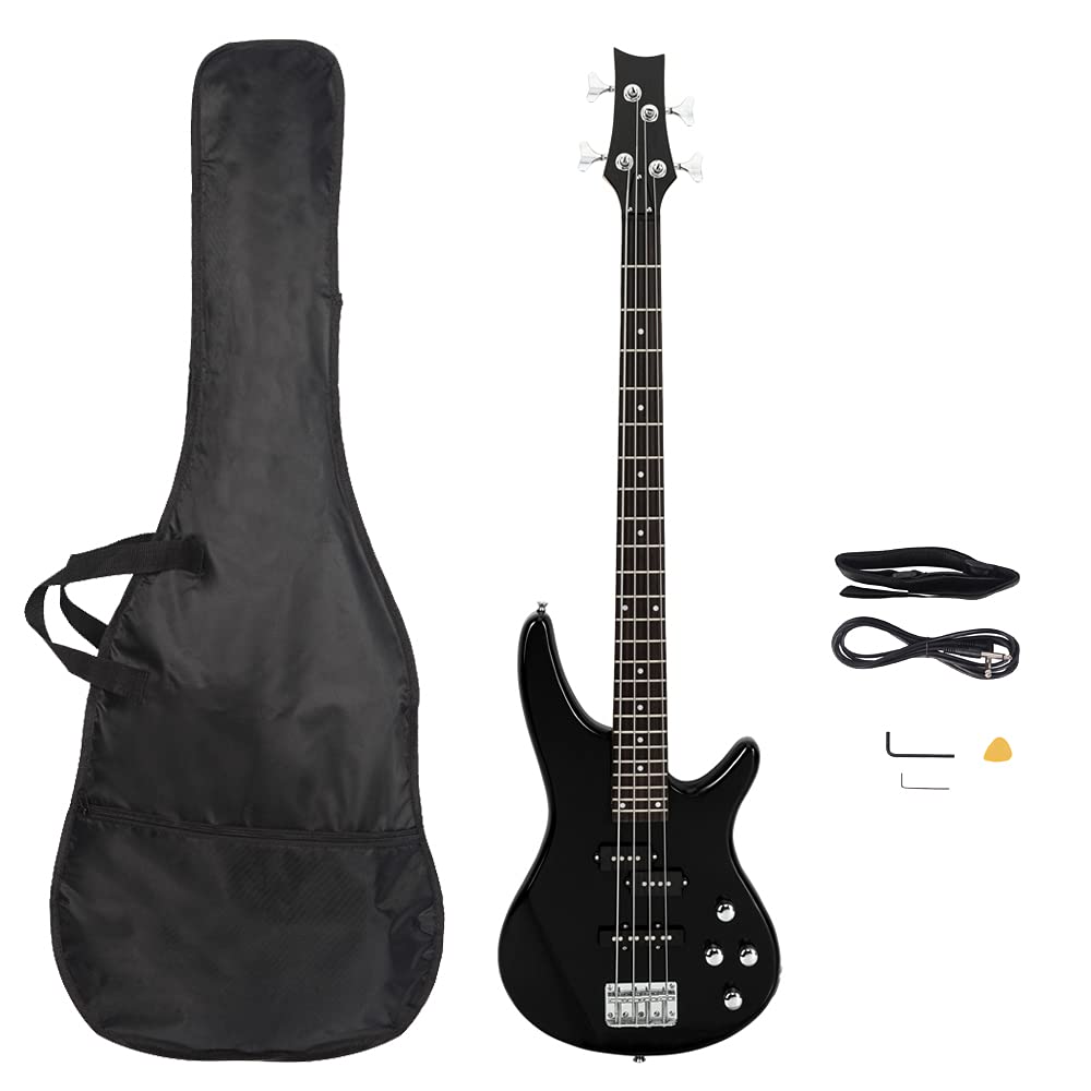 Bonnlo Electric Bass Guitar 4-String for Beginner Right Hand with Shoulder Strap, Wrench Tool, Power Line and Bag (Black)