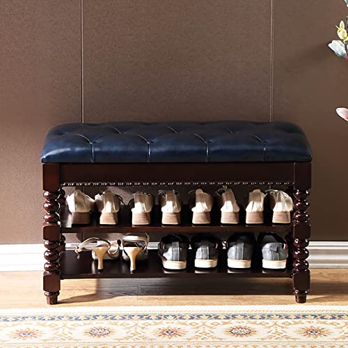 Banco de entrada vintage de madera maciza de alta calidad, banco tapizado de cuero con compartimento oculto, 60 x 35 x 48 cm