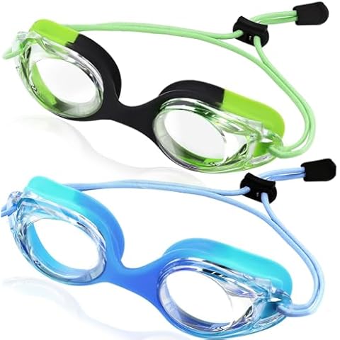 Vvinca Kids Swim Goggles with Bungee Strap No Leaking Anti Fog Toddler Goggles Quick Adjust 3-14 (A- Green & Blue Gradient) Cover