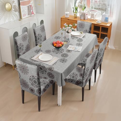 Image of Amazon Basics Dining Table Cover with 6 Chair Covers|Table Cover: 100% Polyester Woven Fabric 140 GSM, 220Cm X 140Cm|Chair Cover: 95% Polyester & 5% Spandex 110 GSM, 50Cm X 40Cm|Grey, Rectangular