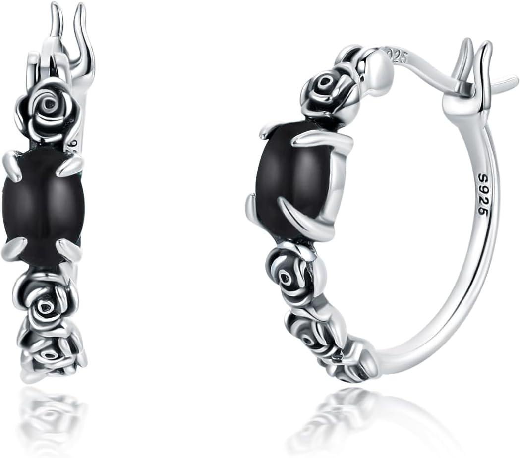 Retro Black Onyx Hoop Earrings 925 Sterling Silver Rose/Celtic Knot/Leaf with Oval Cut Black Onyx Earrings for Women