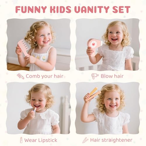 Image of ROBOTIME Kids Vanity Set with Mirror and Stool - Wooden Pink Makeup Table with 11 PCS Accessories - Play Beauty Dresser with Mirrors, Drawer- Kids Vanity Table and Chair Set for Girls Ages 3+