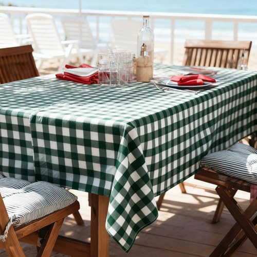Image of Oigco 3 Pack Green and White Checkered Tablecloth 54 x 108 Inches, Rectangle Disposable Plastic Green Gingham Tablecloth, Picnic Table Cover for Outdoor, Christmas, Golf Birthday Decorations