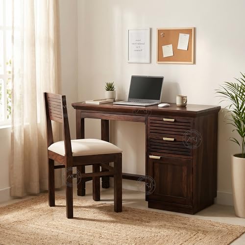 Image of NSH Solid Sheesham Wood Study Table with Chair | Wooden Writing Desk with Drawer & Door Storage | Pre-Assembled Computer Desk Workstation for Home Office & Study Room | Walnut Finish