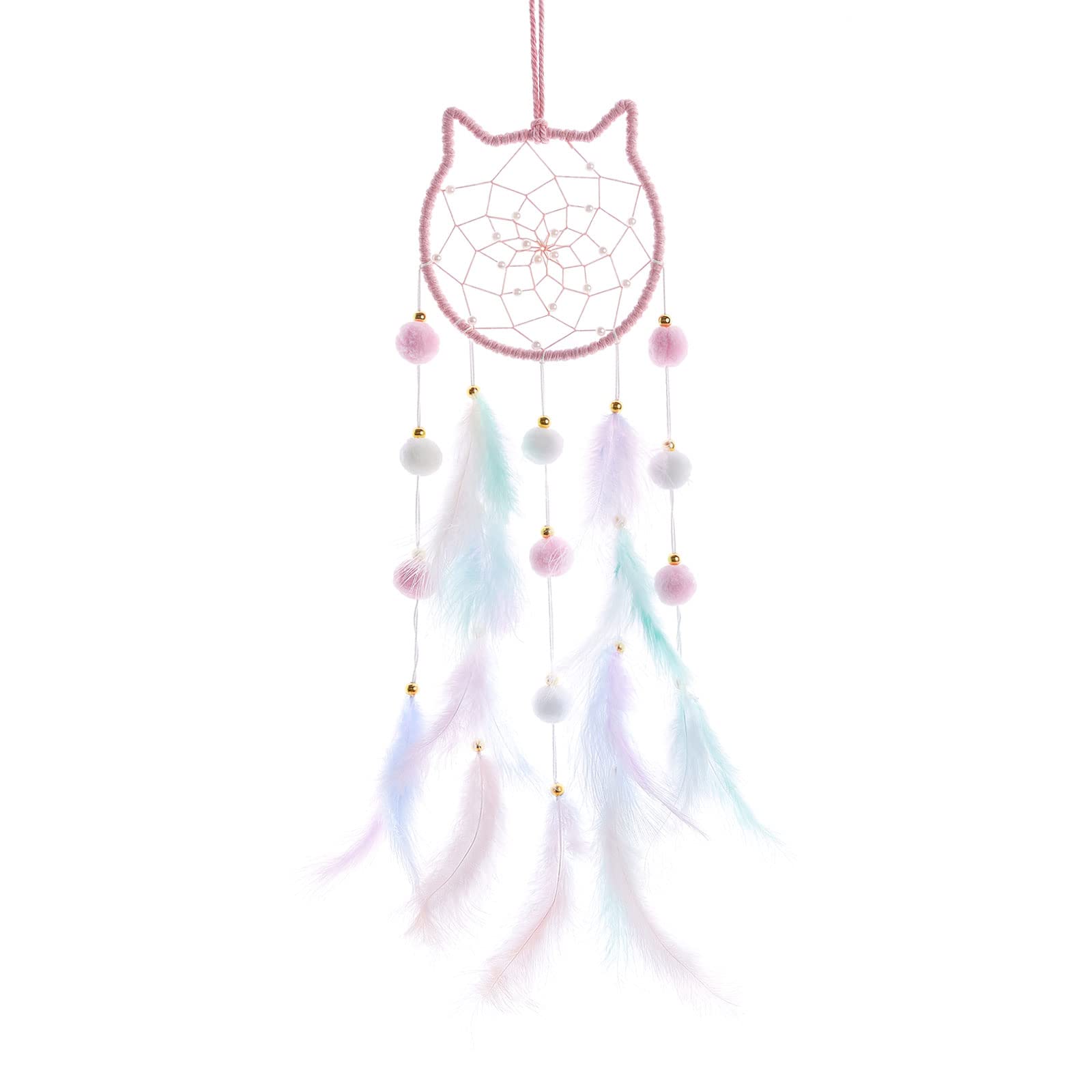 Pretty Jolly Pink Cat Kids Dream Catcher Wall Decor PomPom Feather Baby Dreamcatcher Handmade Children Dream Catcher Home Décor Wall Hanging for Nursery Bedroom Boys Girls Birthday Gift-25.6in