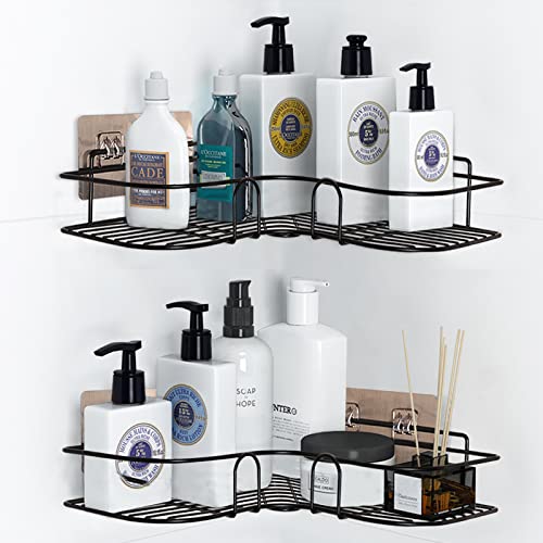 PNNP Lot de 2 Étagère Angle Douche sans Percage, Etagere Salle de Bain, Porte Savon Douche INOX pour Salle de Bain, Accessoires Salle de Bain 8 Autocollants Adhesifs, Cuisine Rangement (Noir)