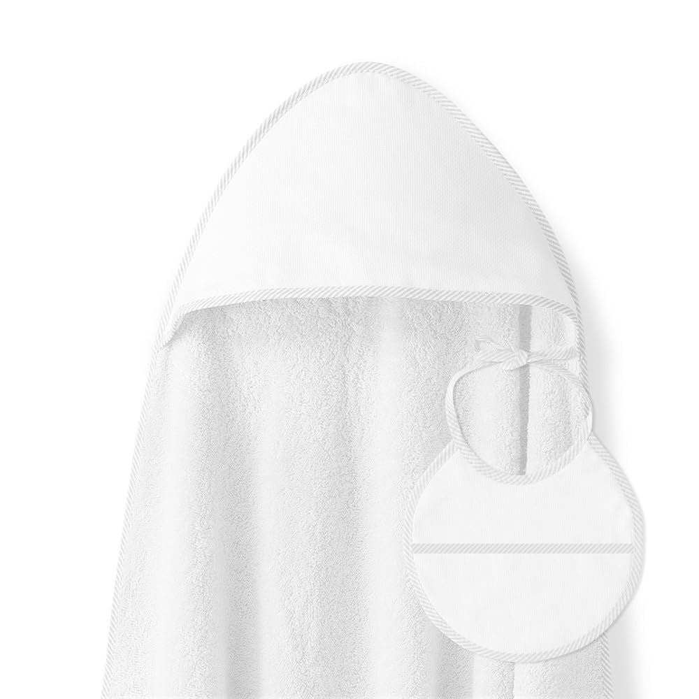 Interbaby - Capa de Baño Bebe Blanco + Babero | Toalla Bebe con Capucha 100% Algodón, 100x100cm, Unisex | Suave, Cómoda, Ideal Recién Nacidos, Bebes y Niños Pequeños | Diseño Punto de Cruz Liso