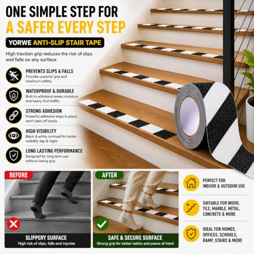 Image of YORWE Anti Slip Stair Tape with Glow in the Dark Strip - Heavy Duty Waterproof Non Slip Traction Tape for Stairs, Steps, Outdoor & Indoor Safety (Black and White, 5 Meter)
