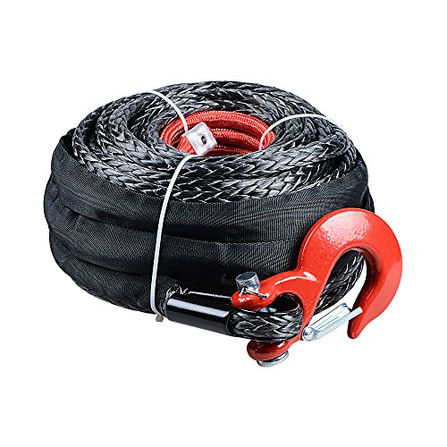 AMOPA 92ft x 1/2 inch Synthetic Winch Line Rope Black Cable and Heat Guard 22000 lbs with Red Hook for SUV ATV UTV Truck Boat KFI, A05-160-AMP-2-BE