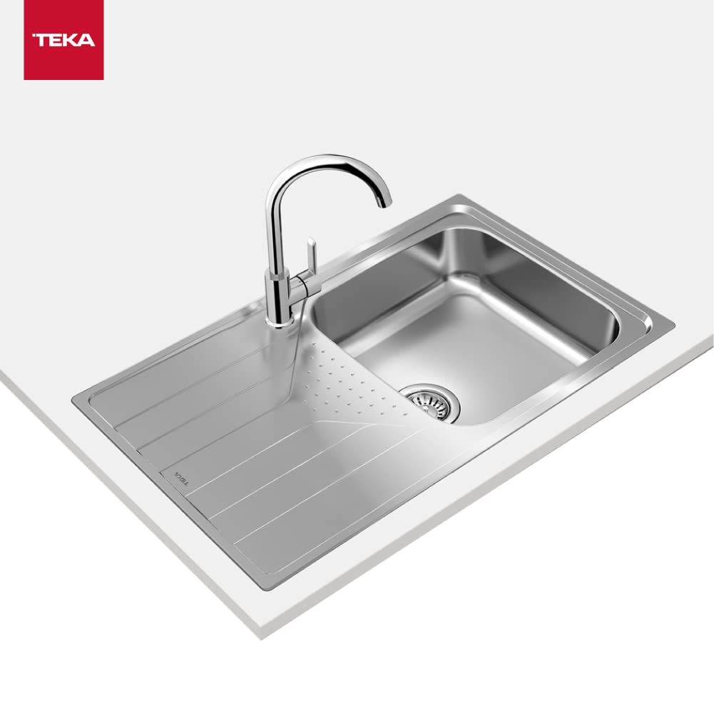 TEKA Fregadero Encastrado 1 Cubeta con Escurridor Izquierda en Acero Inoxidable, Profundidad Cubeta 190mm, Mueble 50cm, Desagüe Manual con Válvula Canasta y Sifón, Universe 50 T-XP 1C 1E Plus