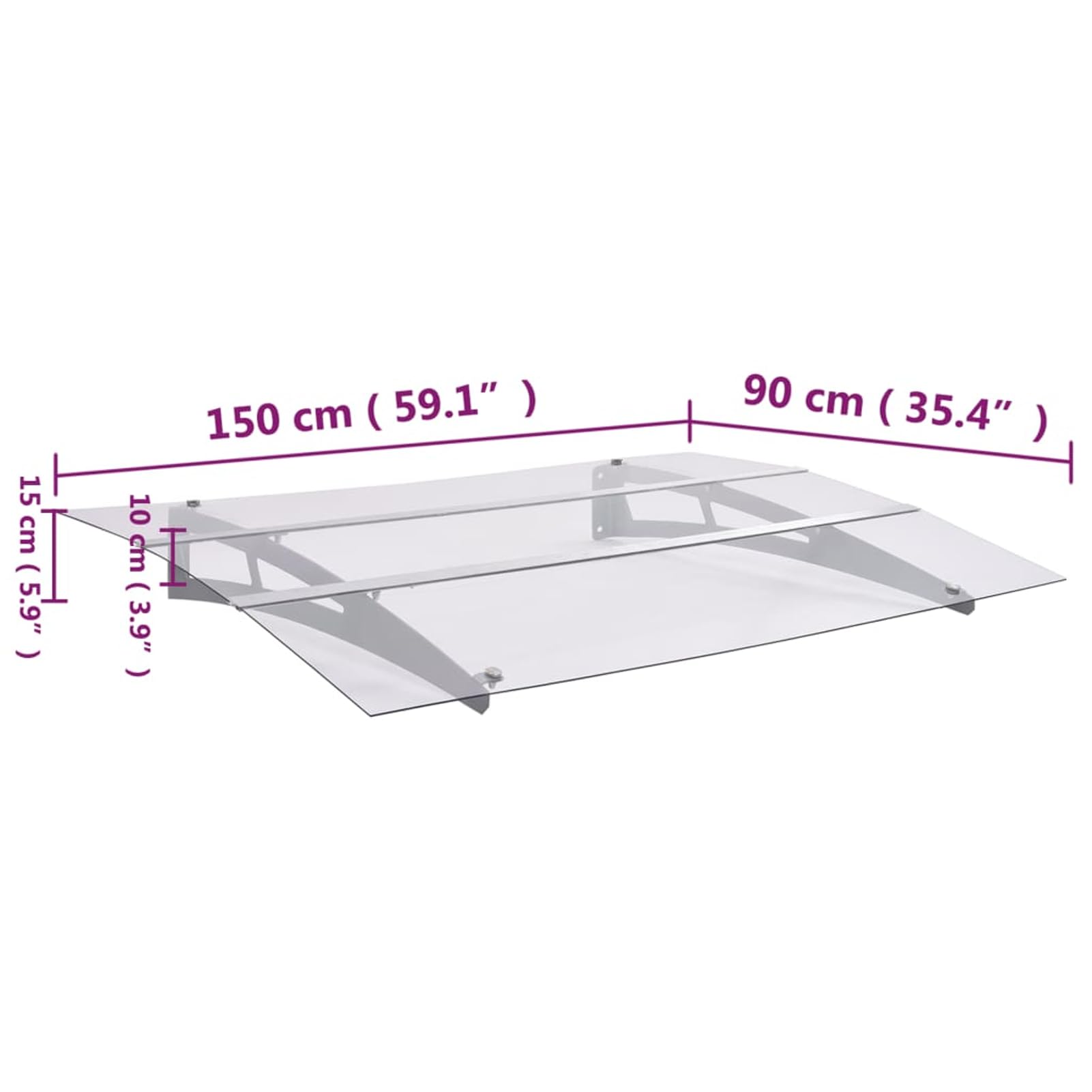 Daszek drzwiowy PET 150 x 90 cm srebrny-przezroczysty, rama stalowa i aluminiowa | Odporny na warunki atmosferyczne dach PET, odporna na korozję rama stalowo-aluminiowa, łatwy montaż z akcesoriami