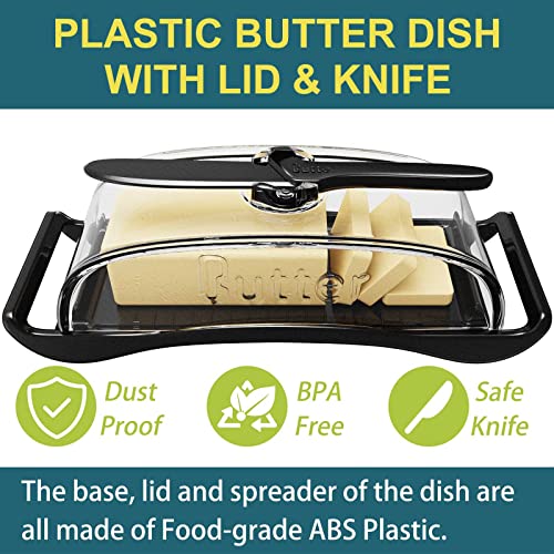 Paikiuu Butter Dish With Lid And Knife - Bpa-Free Plastic Butter Container For Countertop - Easy Grip Handles -Dishwasher, And Freezer Safe - Perfect For East And West Coast Butter - Black #TOP1