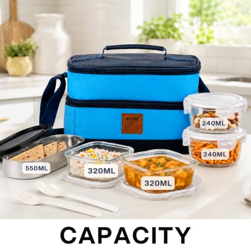 Image of CELLO All Day Meal Glass Lunch Box for Office Use Sky Blue | 2 x 320ml Square, 1 x 240ml Round, 130ml Oval Containers with Spoon & Fork, Leadfree Leak Proof Airtight Glass Tiffin Box Set for Travel