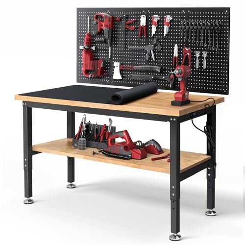 Work Table for Garage 60 Inch Workbench with Storage Adjustable Height Rubber Wood Tabletop Work Bench with Power Outlets Pegboard Pad for Cutting Wood Shop Woodworking Home Office