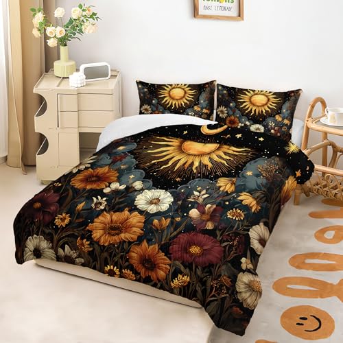 Image of AILONEN Sun and Moon Bedding Set for Teens Girls Bedroom Decor,Bohemian Style Starry Sky Comforter Set Queen Size,Natural Plants Duvet Set,1 Quilt and 2 Pillowcases,3Pcs
