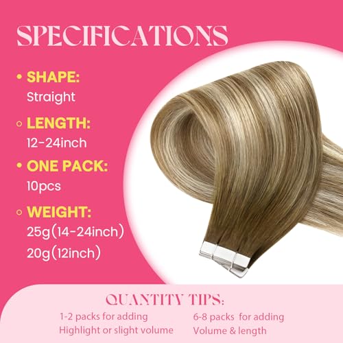 Image of Ve Sunny Hair Tape in Extensions Brown with Blonde Real Human Hair | Real Human Hair Tape ins,Special Occasion Hair,16Inch 25g 10Pcs,Easy to be Style,for Daily Wear