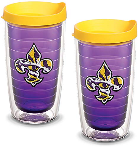 Tervis 1077253 LSU Tigers Fleur-de-Lis Insulated Tumbler with Emblem and Yellow Lid 2 Pack - Boxed 16oz, Amethyst