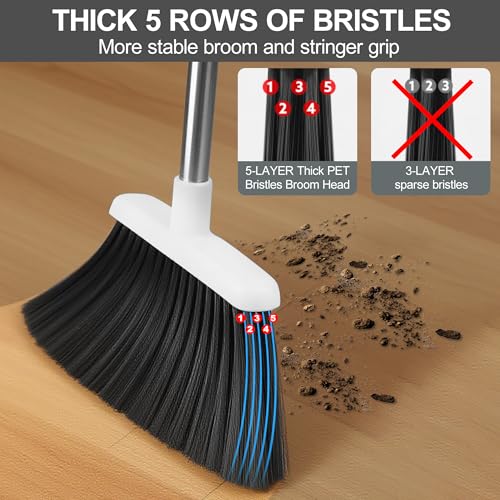 Image of Broom and Dustpan Set, 52 inch Adjustable Handle Broom, White | Dustpan Self-Cleaning Teeth for Hair, 52 inch Long Handle Standing dustpan,Suitable for Home Kitchen Office Hall Floor