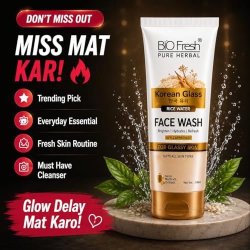 Image of BIOFRESH Pure Herbal Korean Glass Rice Water Face Wash - 100Ml, Ginseng & Fermented Rice Water, Brightening & Hydrating Cleanser for Glassy, Radiant Skin, No Parabens, Nano Multi-Vit Herbal Extract, Suitable for All Skin Types (Pack of 3)