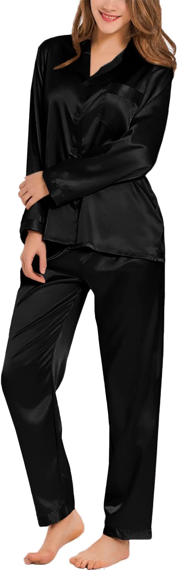 Long Sleeve Pajamas Set Silk Satin Sleepwear Button Down Pjs Loungewear with Pocket