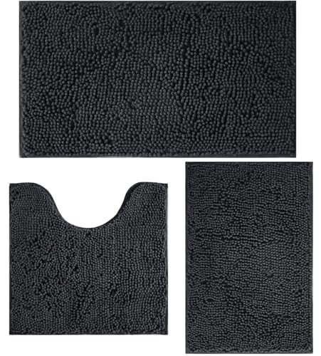 3 Piece Bathroom Rugs Set, Non-Slip Bath Mats with PVC Backing, Super Absorbent Washable Plush Carpet, Soft Shag Rug for Bathroom Bedroom Kitchen Home Decor (Dark Grey)