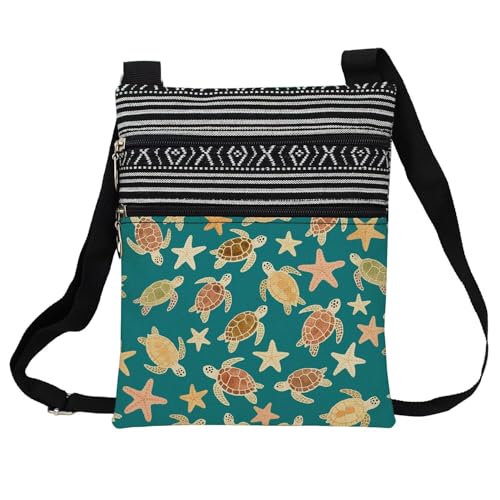 Starfish Sea Turtle Messenger Bag Small Ethnic Pattern Adjustable Strap Crossbody Zipper Pouch Starfish Sea Turtle Phone Organizer Wallet Cute Shoulder Handbag for Women Friends
