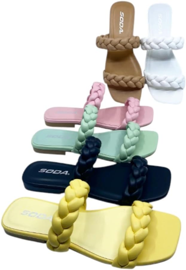 Soda VAULT Women's Square Open Toe Flat Sandals Braided Strap Slip-on Slides Woven Sandals - Image 2