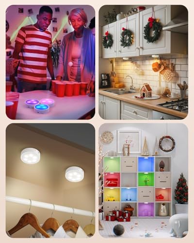 Image of GOODEA.fun Puck Lights with Remote, 13 RGB Colors LED Under Cabinet Lights, Rechargeable Baterry Operated Under Cabinet Lighting Tap Lights, Stick on Lights with Dimmer and Timer(3 Pack)