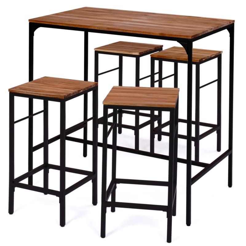 IDMarket – Salón de jardín Panamá Conjunto de bar de mesa alta y 4 taburetes de diseño industrial acacia