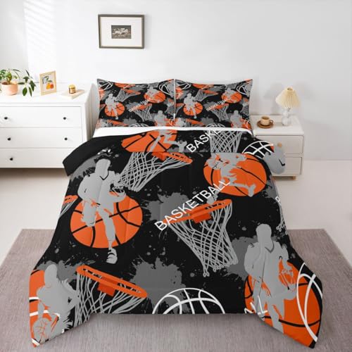 Erosebridal Twin Size Basketball Comforter Set for Boys,Black and Orange Basketball Bedding Sets for Teens,Sports Ball Games Twin Size Comforter Duvet Set,Basketball Room Decor for Boys