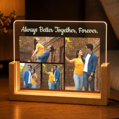 Image of Giftplease Personalized LED Acrylic Photo Frame with Custom Picture and Quote, Romantic Couple Night Lamp, Wooden Base USB Table Decor, Anniversary Photo Display, Wedding Decor, Bedroom Home Accent