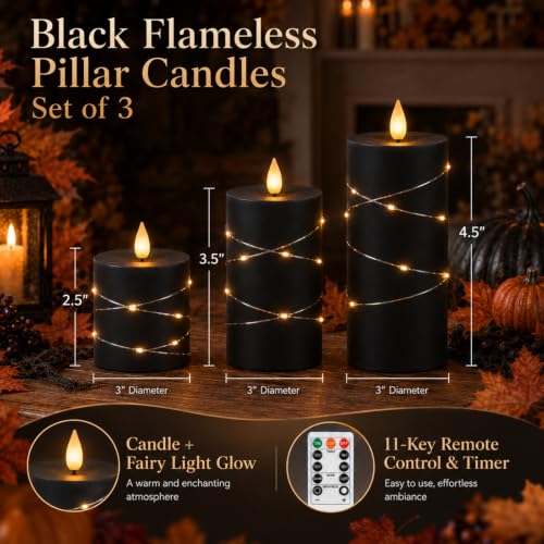 Image of Homemory Black Flameless Candles with Fairy Lights, Remote Timer, Set of 5