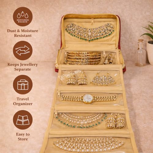 Image of Trendifly Embroidery Sling Jewellery Organiser Storage Bag Pouch for women & girls | Bank Locker jewelry Organizer | Earring Necklace Bangles Organiser for Travel & Gifting (Red)