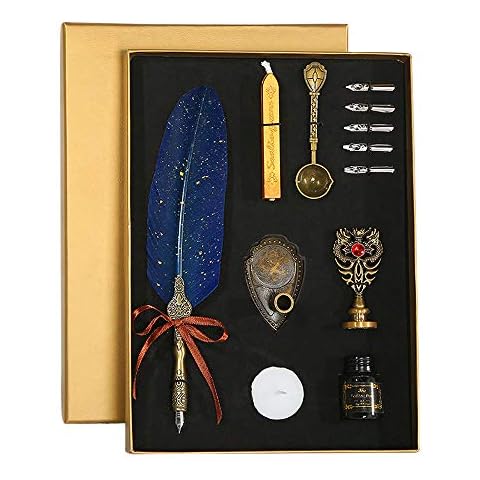 IWILCS Quill Pen, 12 Piece Feather Calligraphy Pen Set, Fountain Dip Pen Stationery Gift Calligraphy Writing Ink Pen, Empty Bottle No ink Cover