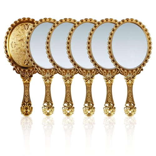 yisncka 6 Pcs Vintage Handheld Mirror 9.8 x 4.5 Inch Small Gold Embossed Portable Princess Mirror for Classroom Kids Princess Party