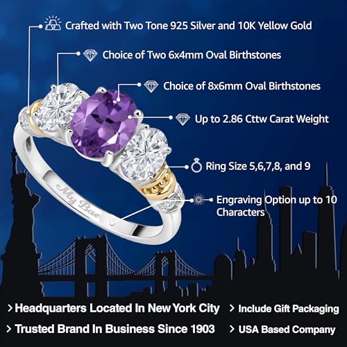 Gem Stone King 925 Sterling Silver and 10K Yellow Gold Customized and Personalized Gemstone Birthstone and Diamond 3 Stone Engagement Ring For Women Oval 8X6MM and 6X4MM2