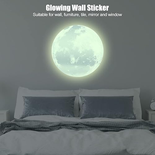 Miniatura 3 de Calcomanía de pared de luna luminosa que brilla en la oscuridad, 11.8 pulgadas, para decoración de la pared del hogar, dormitorio, habitación de los