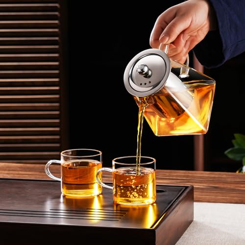 Image of PARACITY Glass Teapot Stovetop 32OZ, Borosilicate Clear Tea Kettle with Removable 18 /8 Stainless Steel Infuser, Teapot Blooming and Loose Leaf Tea Maker Tea Brewer (square, 550ML)